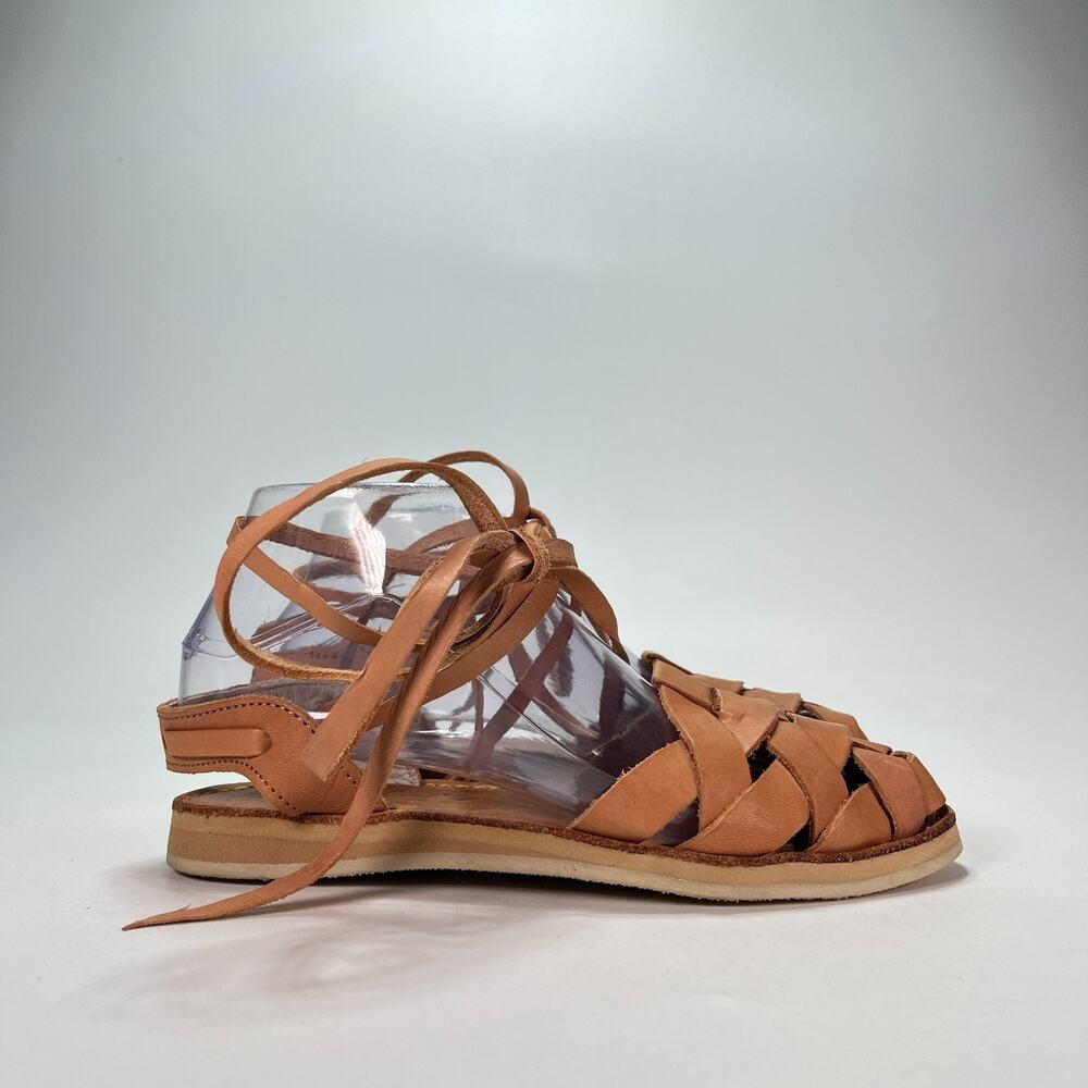 Tan Leather Casual Gladiator Woven Lace Up Ankle Straps Sandals Women's Size 7